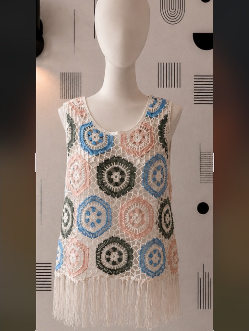 Blue Rain Crochet Fringe Tank Top in Cream, Blue, Pink, and Green